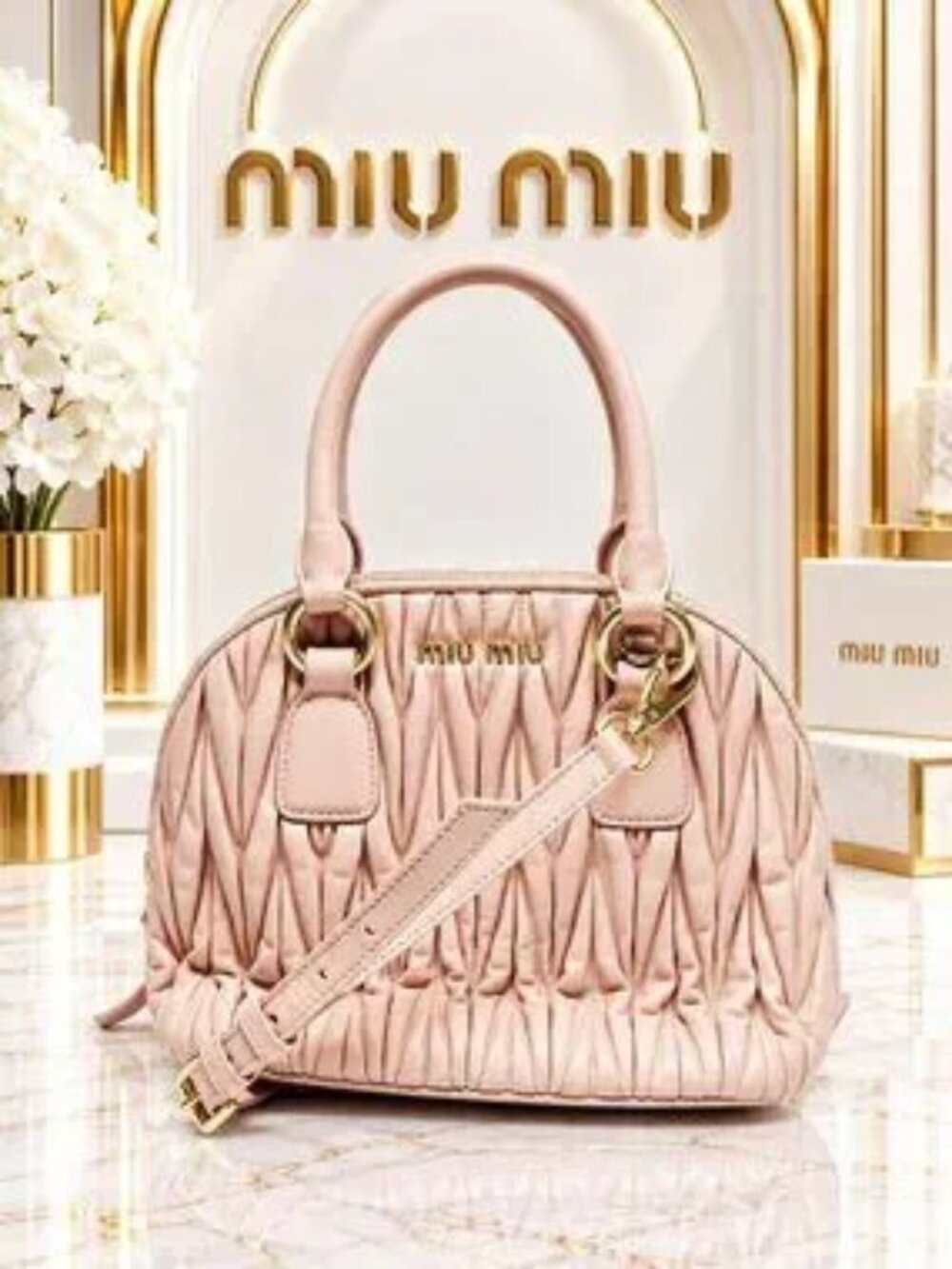 Authentic Miu Miu Matelassé Pink Leather Mini Bowler Satchel Crossbody Bag